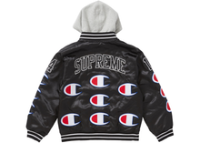 Load image into Gallery viewer, Supreme Champion Hooded Satin Varsity Jacket Black Size M
