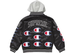 Supreme Champion Hooded Satin Varsity Jacket Black Size M