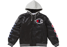 Load image into Gallery viewer, Supreme Champion Hooded Satin Varsity Jacket Black Size M
