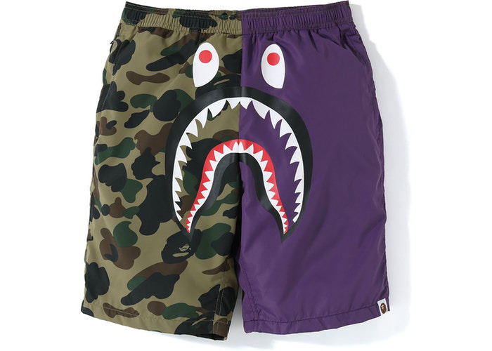 BAPE Half 1st Camo Shark Beach Shorts Purple/Green Size  L