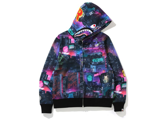 BAPE Neon Tokyo Shark Wide Full Zip Hoodie Black Size S