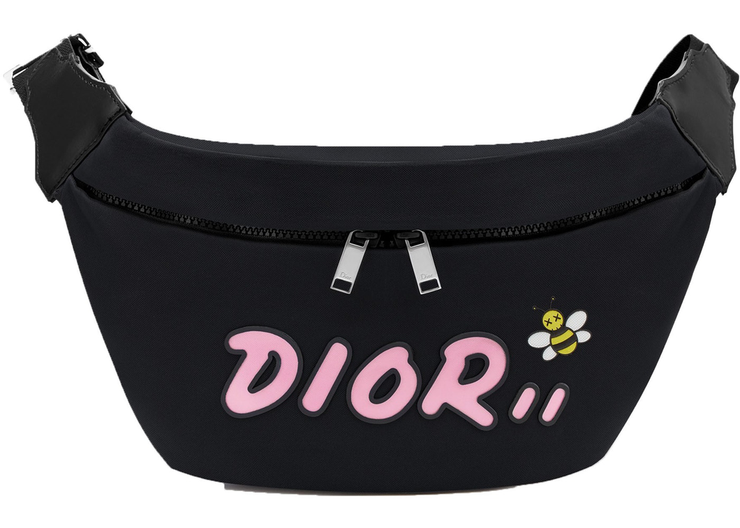 Dior x Kaws Belt Bag Pink Logo Nylon Black