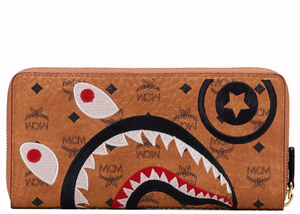 MCM x BAPE Shark Zip Around Wallet Visetos Large Cognac