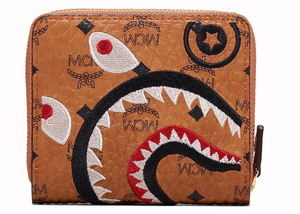 MCM x BAPE Shark Zip Wallet Visetos Mini Cognac